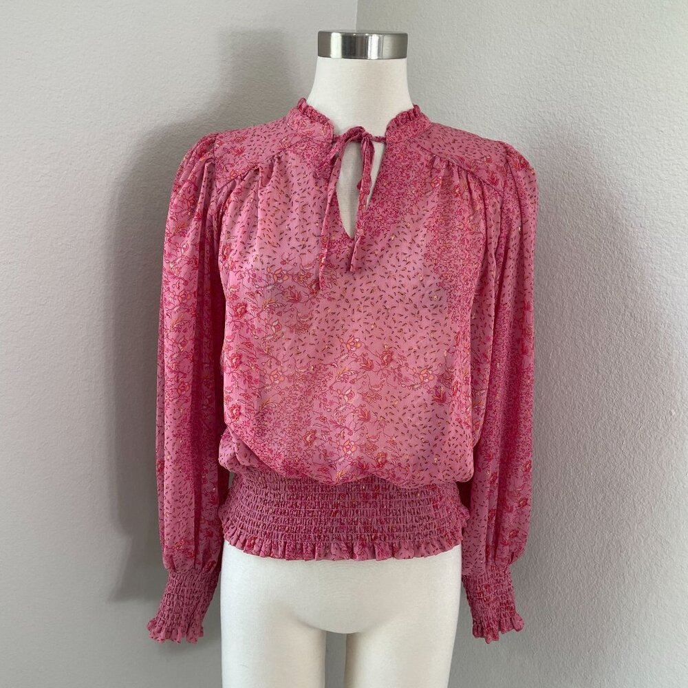 Joie Womens Small‎ Pink Floral Long Sleeve Blouse Ruffle Tie Neck Shirt Top